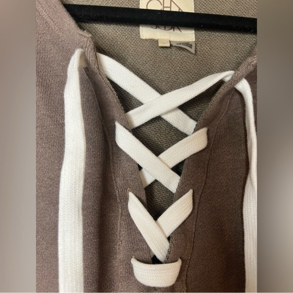 NWT Chaser Lace-Up Long Sleeve Pullover Sweatshirt Taupe Brown Size Large - Picture 3 of 4